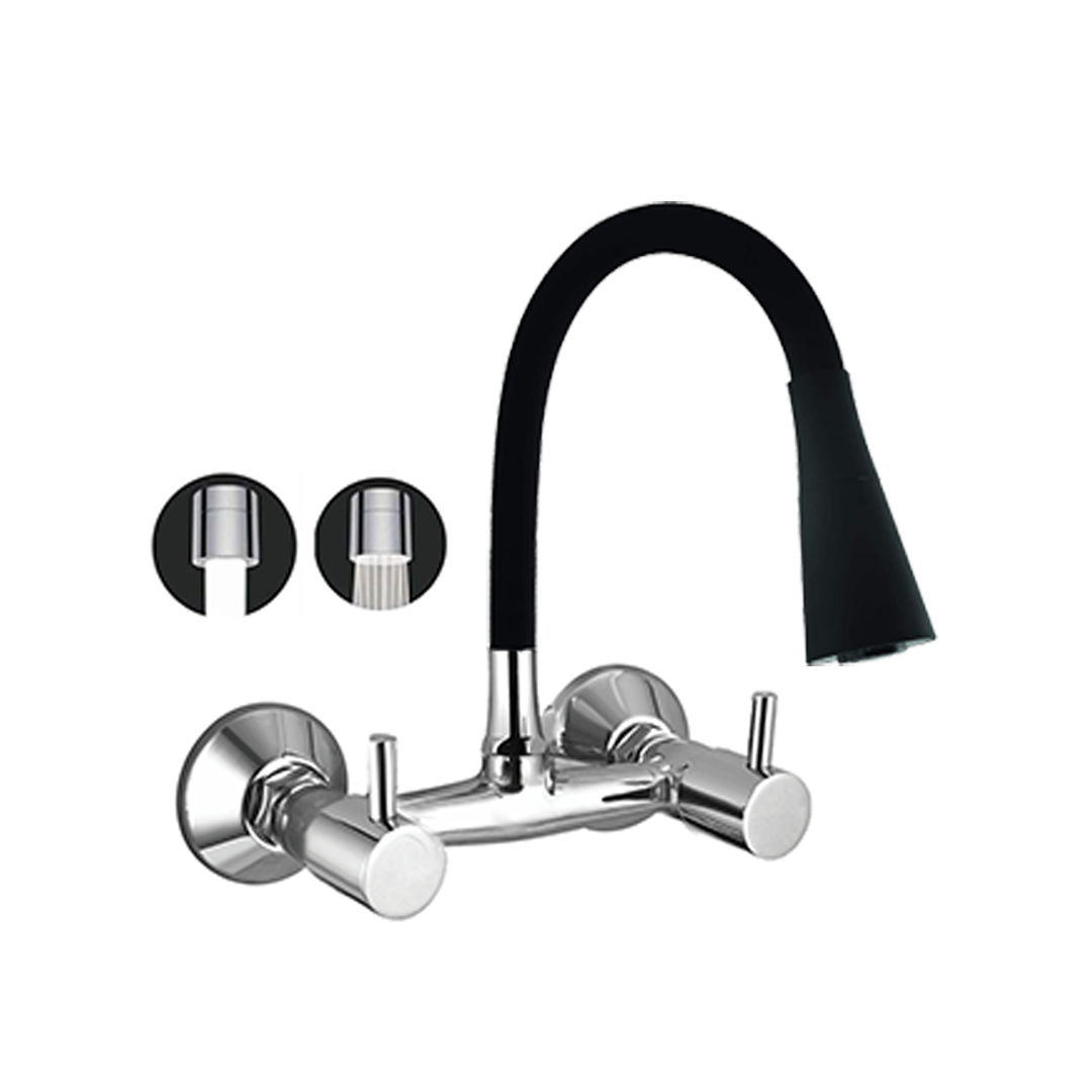 Meta Sink Mixer Wall Mounted With Flexible Spout Dual Flow 'Black', Connecting Legs And Wall Flange