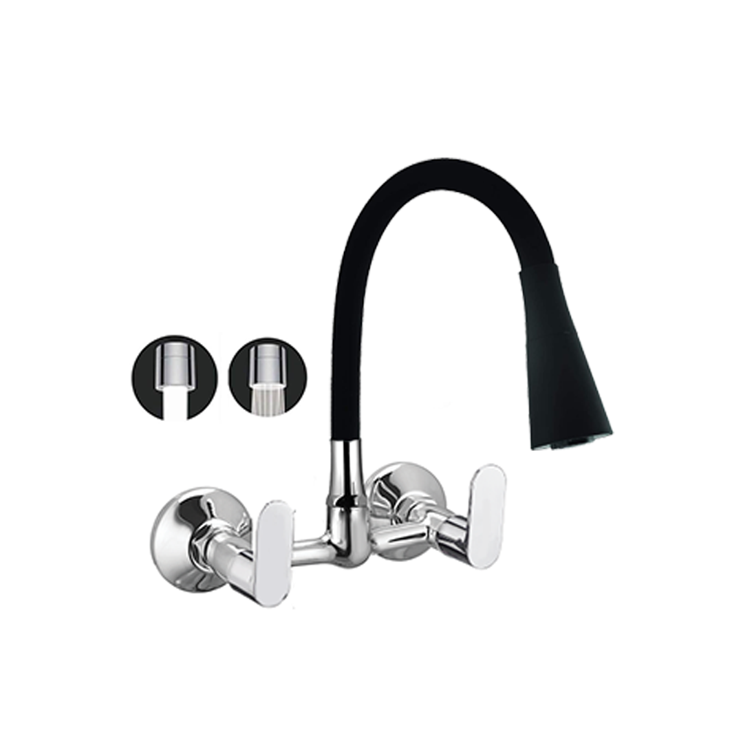 Devyn Sink Mixer Wall Mounted With Flexible Spout Dual Flow 'Black', Connecting Legs And Wall Flange